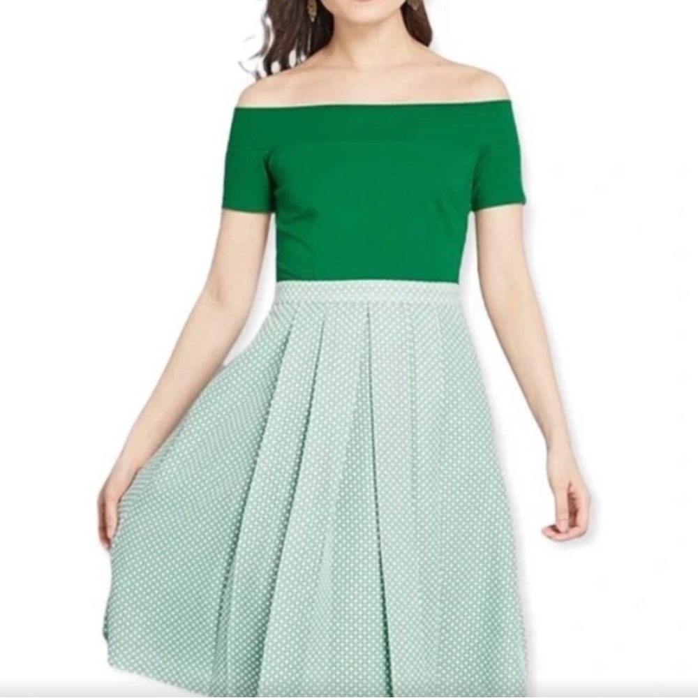 ModCloth Double The Lovely Retro Pleated Green Off-Shoulder Dress